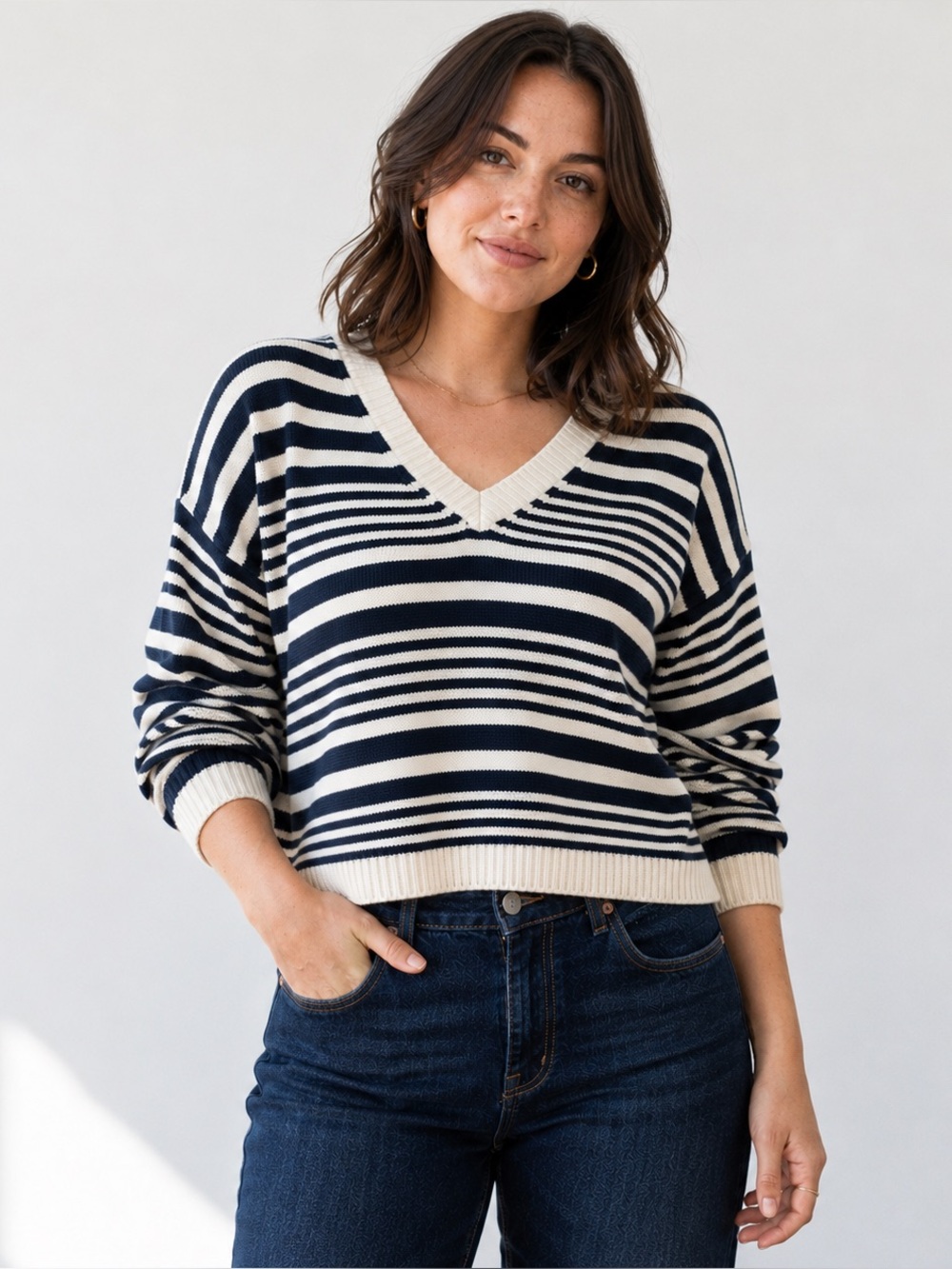 The Limited Y2K Navy Cream Striped V-Neck Sweater L USA